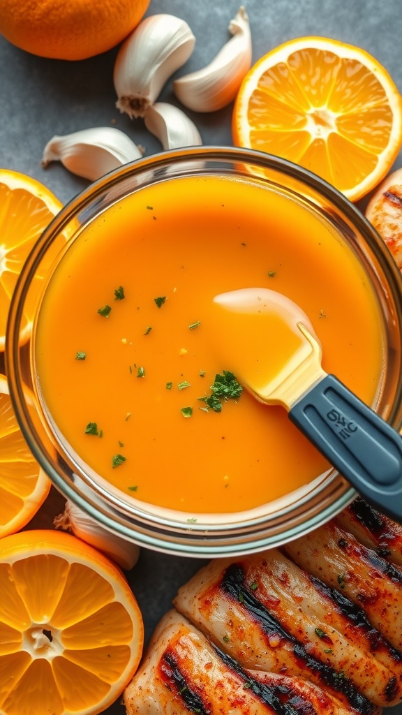 A bowl of orange garlic marinade with fresh oranges and garlic cloves, ready for marinating.